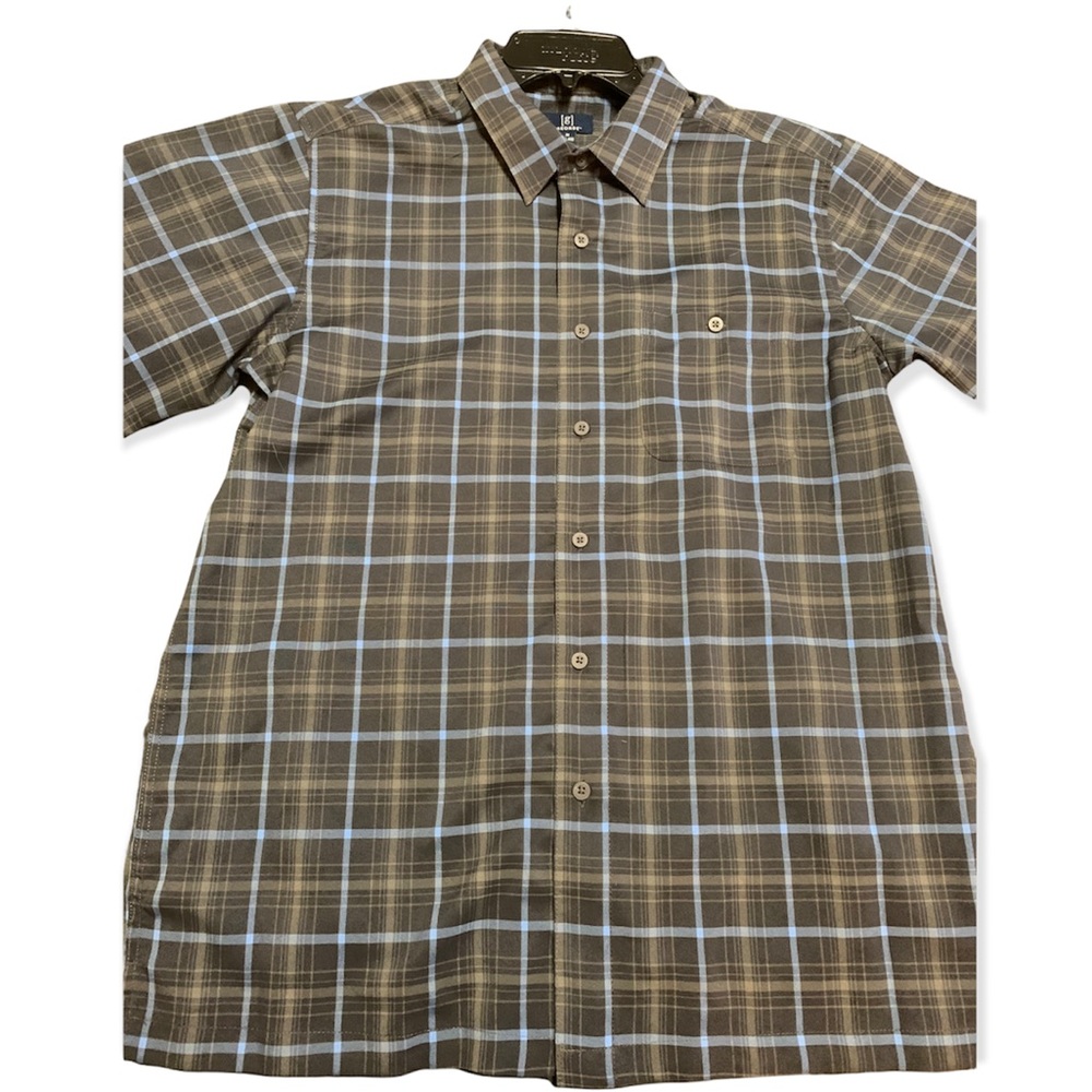 George | Men’s | Short Sleeve, Collared Button Down | Dark Gray & Blue Plaid | M